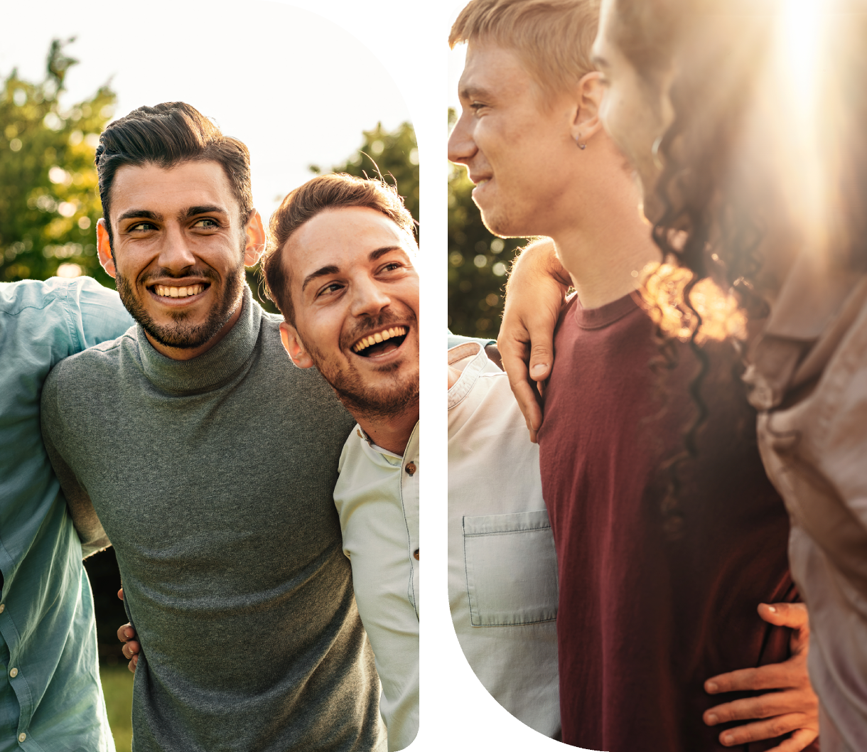 Two pictures of a group of people smiling for the camera.