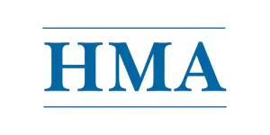A blue and white logo for hma